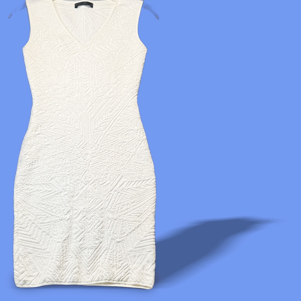 RVN Women White Geometric Textured Knit V-Neck Bodycon Mini Dress XS Made in USA